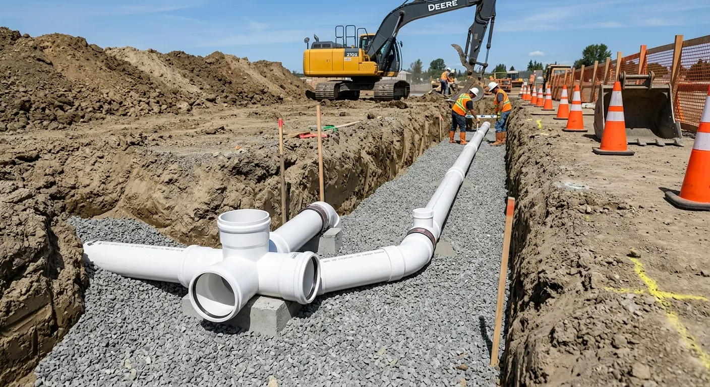 New PVC sewer pipe installation in open trench for Sewer Backup in Wilsonville