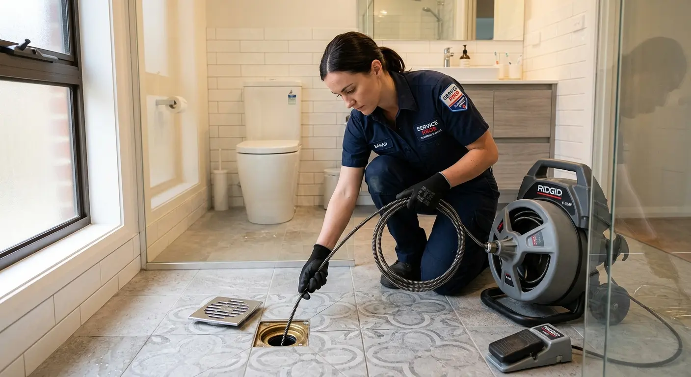 Technician clearing a bathroom floor drain for Clogged Drain Repair in Wilsonville